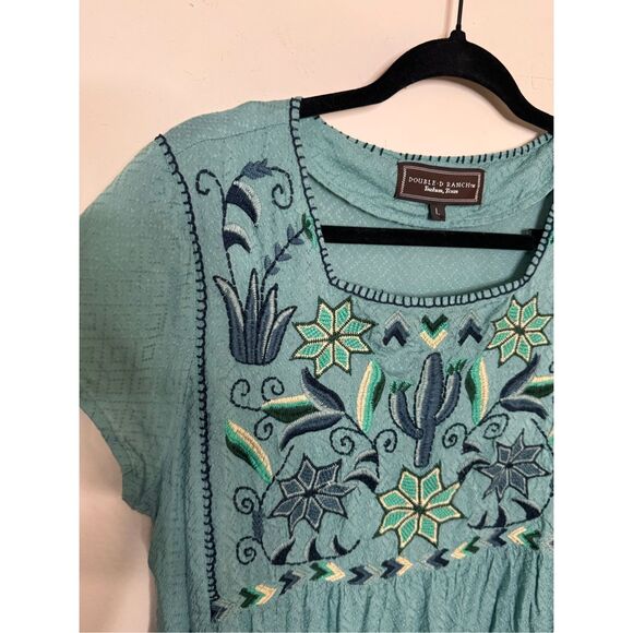 Double D Ranch Cactus Embroidered Baby Doll Dress Muted Teal M - Picture 2 of 7